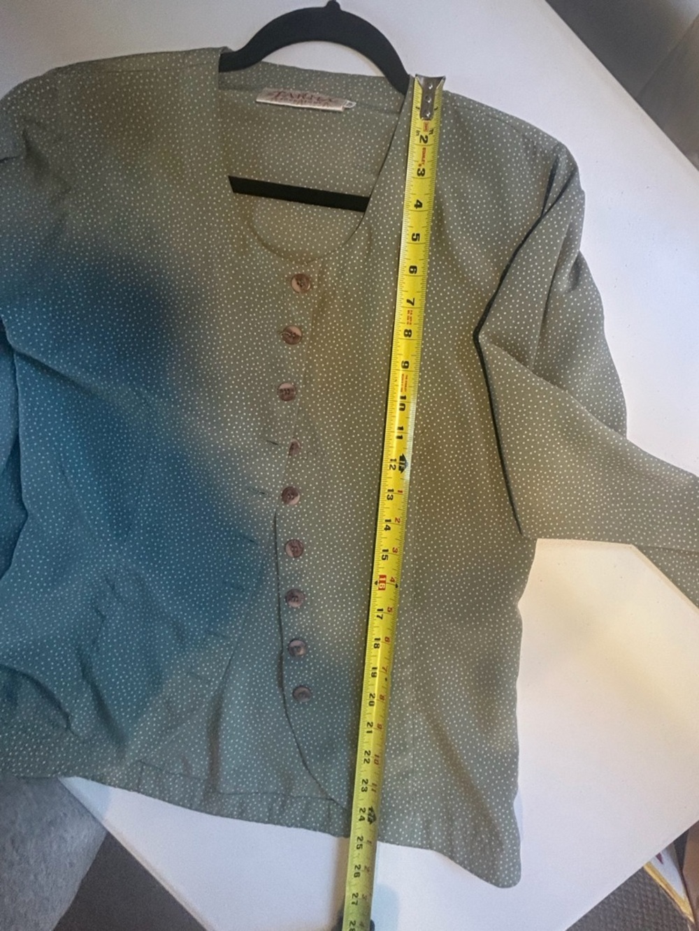 Vintage 90s Olive Green Polka Dot Blouse Office Minimalist Button Top size Small - Picture 13 of 13